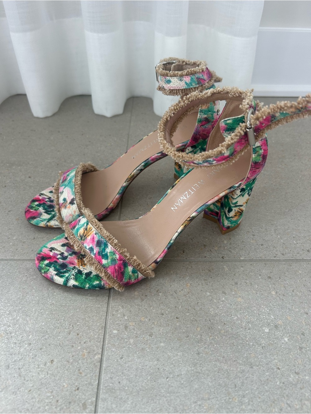 Stuart Weitzman Multicolor Floral Frayed Ankle-Strap Block Heels❤️6